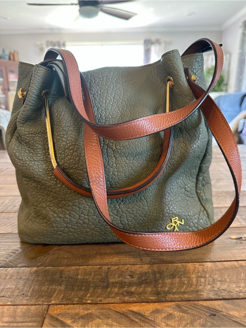 OrYANY Olive Green Pebbled Leather Tote with Contrasting Brown Handles